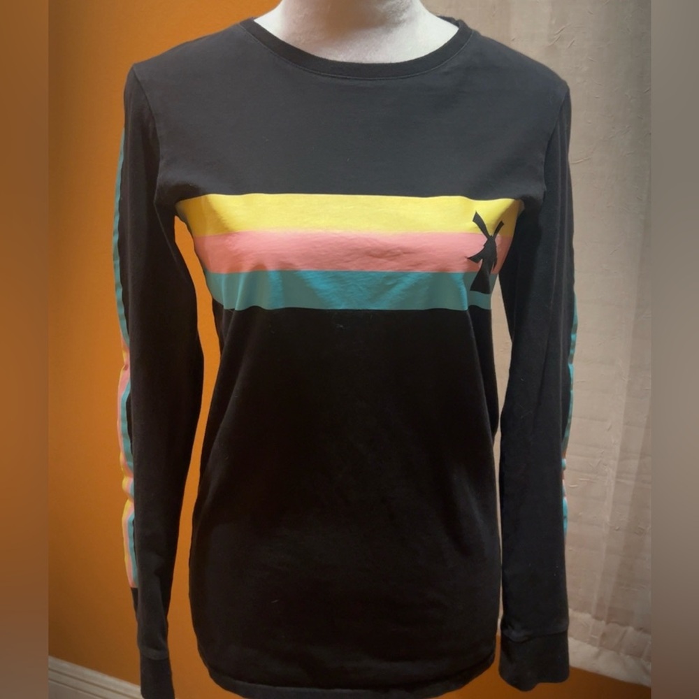 Dutch Bros | Women’s Black Long Sleeve Pastel Striped Top Shirt Small